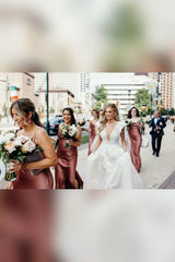 Weitese Sheath Spaghetti Straps Pink Long Bridesmaid Dress with Silt