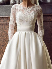 Aimishang Engagement Vintage Formal Wedding Dresses Ball Gown Illusion Neck Long Sleeve Court Train Satin Bridal Gowns With Appliques Pocket
