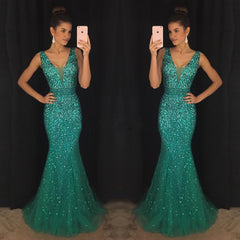 Deep V Neck Long Mermaid Evening Dresses Crystal Beaded