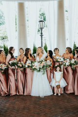 Weitese Sheath Spaghetti Straps Pink Long Bridesmaid Dress with Silt