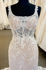 Sheer Lace Bodice Ivory Square Neck Wedding Dress