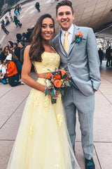 Yellow two pieces lace long prom dress, sweet 16 dress