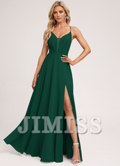 A-line V-neck tea-length chiffon pleated bridesmaid dress