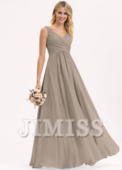 A-line V-neck floor-length chiffon pleated bridesmaid dress