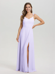 V-neck shoulder strap tied chiffon slit and floor length bridesmaid dress