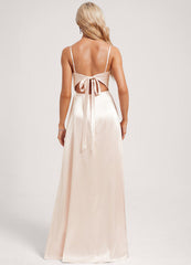 A-line V-neck floor-length satin bow bridesmaid dress