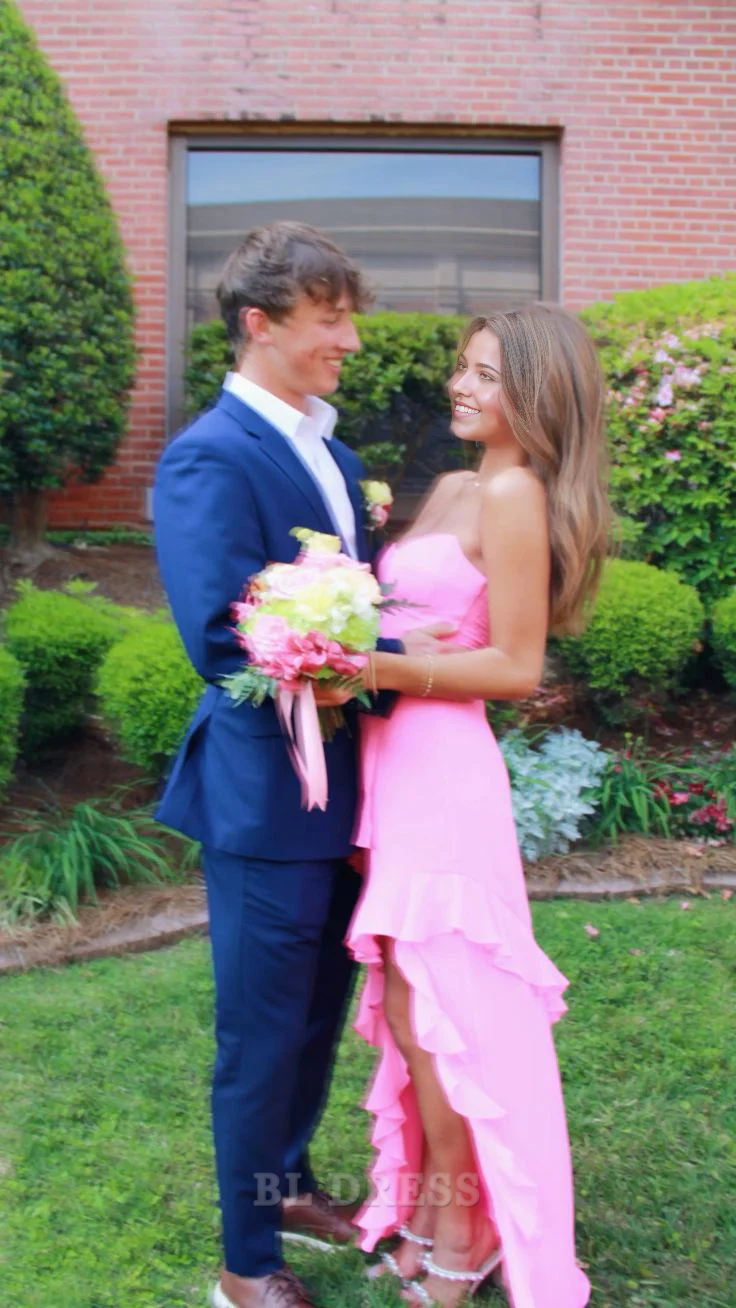 A-line Sleeveless Pink Ruffle formal dresses Bridesmaid Dresses evening gown Prom Dress With Split