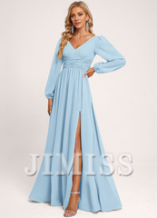 Ruffled A-line V-neck Floor-length Chiffon Bridesmaids Dress