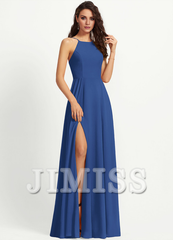 A-line low round neck floor down chiffon bridesmaid dress