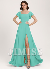 Ruffled A-Line Square Floor-Length Chiffon Bridesmaids Dress