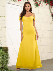 Split off shoulder thin shoulder strap chiffon and floor length bridesmaid dress