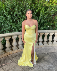 Mermaid Spaghetti Straps Yellow formal dresses Bridesmaid Dresses evening gown Prom Dress