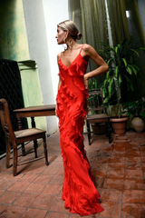 Red Backless Long Prom Dress With Ruffle  SH727