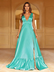 A-line deep V-neck sleeveless ruffle hem and floor length formal dress