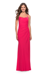 Square neckline sleeveless tight corset with side slits and floor length evening dress