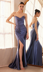 Jimiss A-line off shoulder strapless satin back zipper side slit and floor length Prom dress