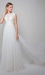 Chiffon A-line scallop shaped illusion lace tight corset and floor length wedding dresses