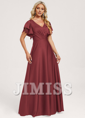 Ruffled A-line V-neck Floor-length Satin Bridesmaids Dress