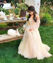Champagne tulle long prom dress, champagne tulle evening dress
