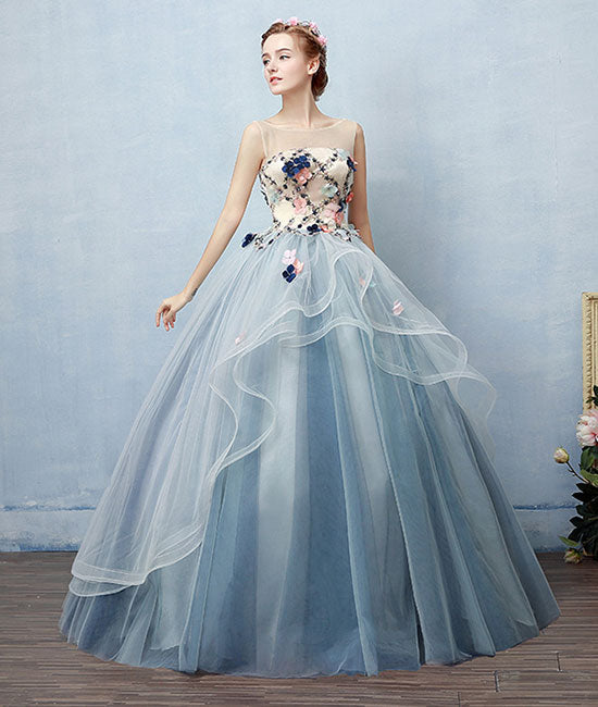 Unique round neck tulle applique long prom dress, blue evening dress