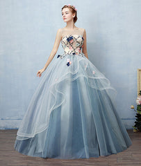 Unique round neck tulle applique long prom dress, blue evening dress