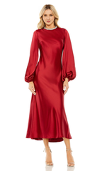 High neck long sleeved wine red tea long prom dress