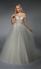 Sheer lace off shoulder phantom lace decal wedding dress