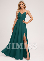 A-line V-neck tea-length chiffon pleated bridesmaid dress