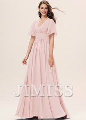 Ruffled A-line V-neck Floor-length Chiffon Bridesmaids Dress