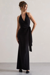 Hanging neck collar with pleats and a floor length evening dress - Jimiss Dress
