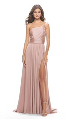Single shoulder collar A-line tight corset with side slits and floor length Prom dress