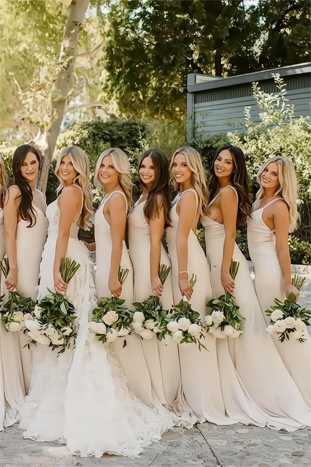 Weitese Simple Sheath Spaghetti Straps Light Champagne Long Bridesmaid Dress