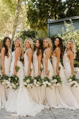 Weitese Simple Sheath Spaghetti Straps Light Champagne Long Bridesmaid Dress