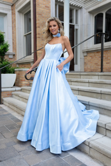 A-line off shoulder sleeveless satin and floor length evening gown (dress only)