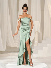 Off shoulder asymmetrical ruffle hem and floor length formal dress