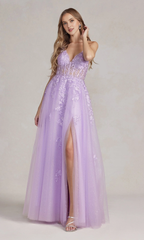 A-line V-neck tight corset embroidered with floral side slits and floor length Prom dress