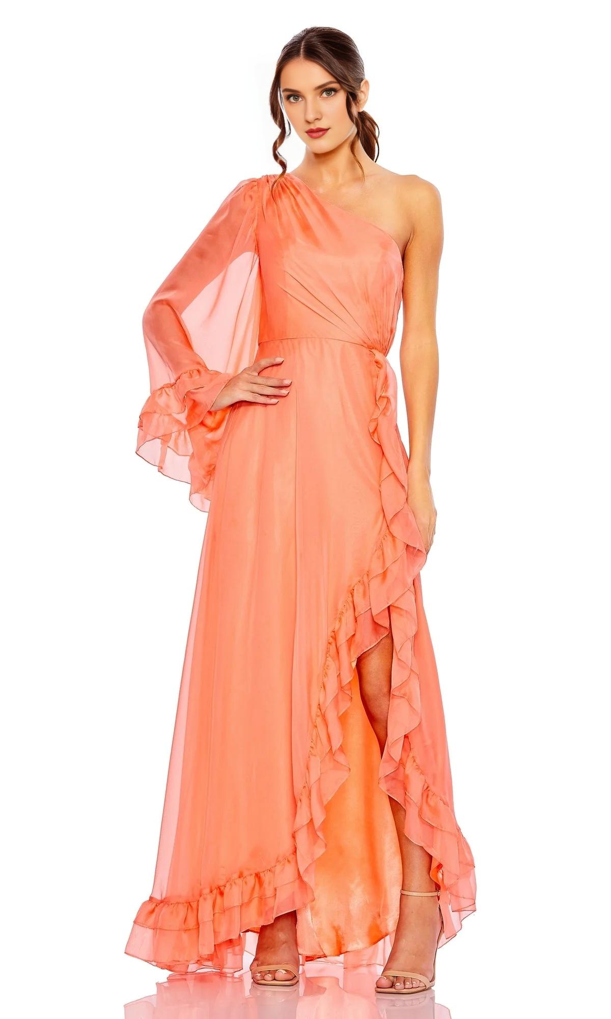 One shoulder long sleeved off shoulder ruffle edge and floor length Prom dress