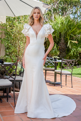 Satin V-neck ruffled sleeves backless and floor length wedding dress