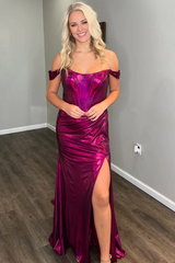 Jimiss minimalist slim fit off shoulder sleeveless pleated high side slit evening gown
