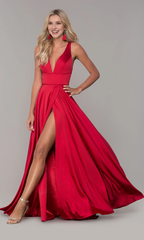A-line V-neckline satin backless side slit Prom dress