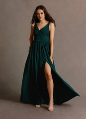 Jimiss slim shoulder strap V-neck side slit and floor length Prom dress