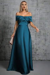 Peacock blue satin off shoulder pleated formal dress