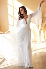 Wrinkled long flared sleeves off white wedding dress