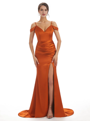 Sexy off shoulder soft satin side slit long fish tail bridesmaid dress
