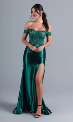 Off shoulder emerald green and floor length dress