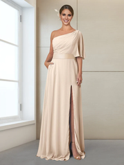 Slimming/Column One Shoulder Half Sleeve Split Mother of the bride dress