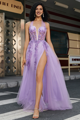 Gorgeous gray purple A-line hanging neck tight corset evening dress