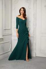 Off shoulder collar three-quarters sleeves with ruffled edges and floor length for mothers of the bride dresses