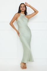 Jimiss neck hanging sleeveless satin backless long Prom dress