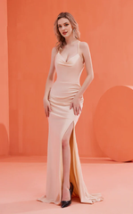 Deep V-neck slim shoulder strap sleeveless tight corset and floor length Prom dress